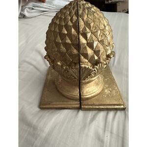 Gold Tone Pinecone Finial Nestled in Acanthus Leaves Bookends
